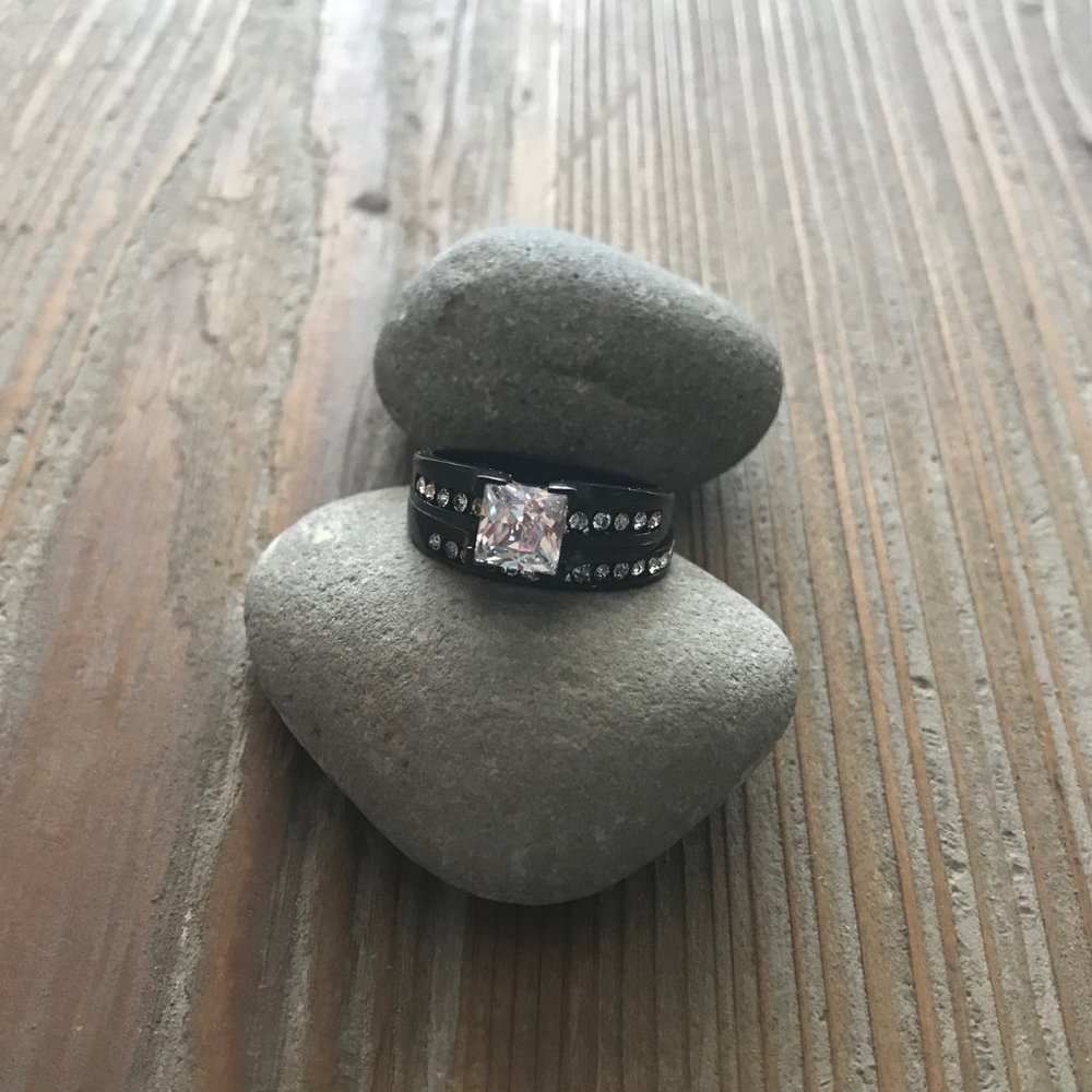 New Black Stainless Steel Square CZ Women Ring Sz8
